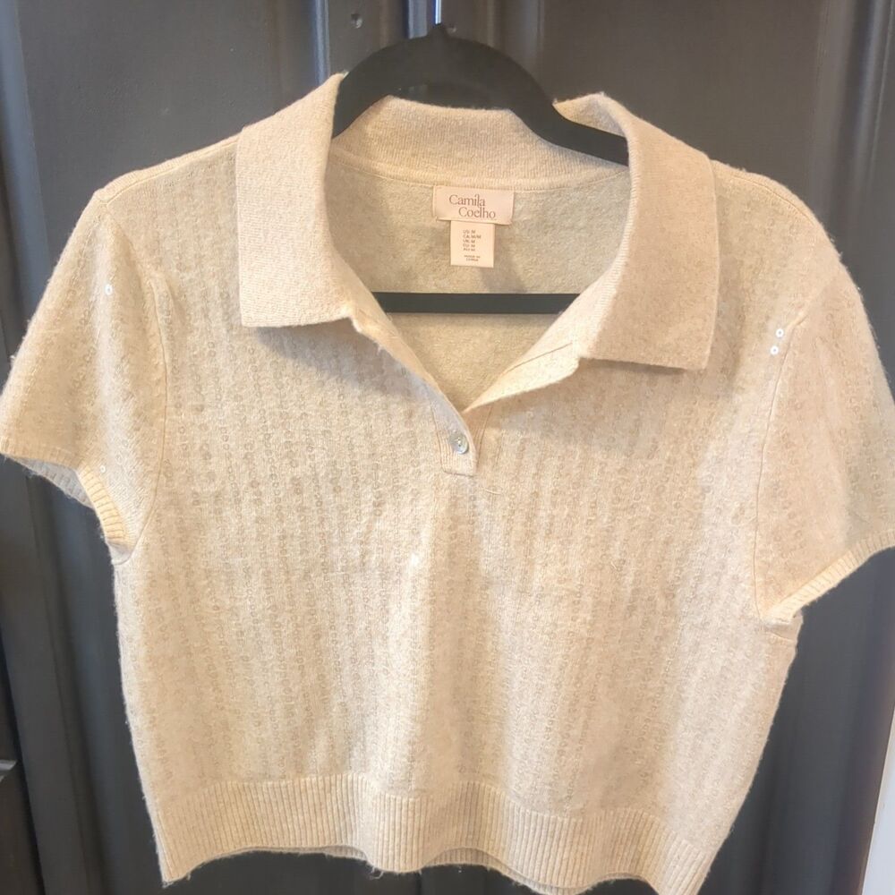 Camila Coelho Women Beige Sequin Crop Short Sleeve Polo Sweater Knit Top Size M